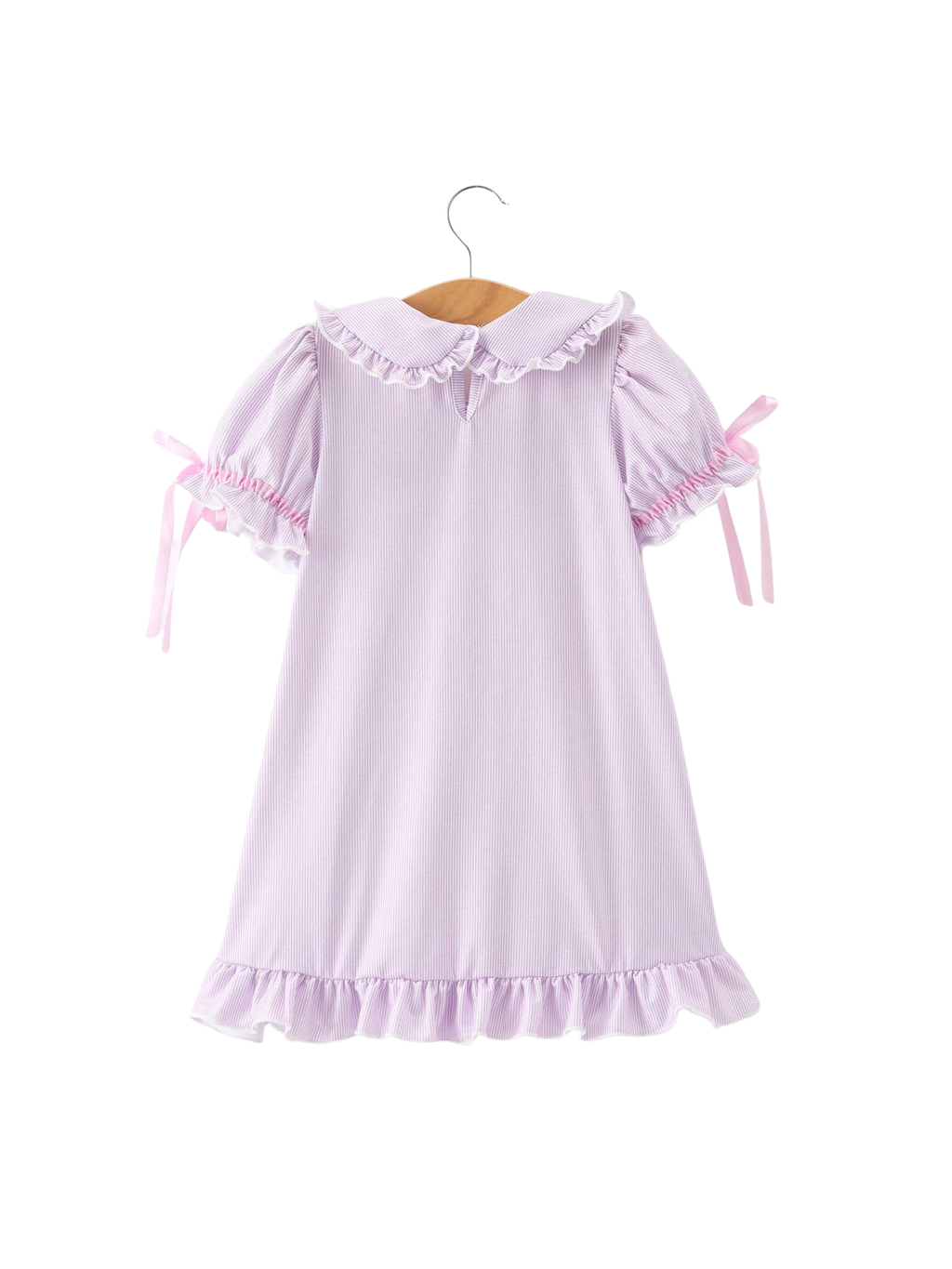 Lavender dress with ruffled details on a white background