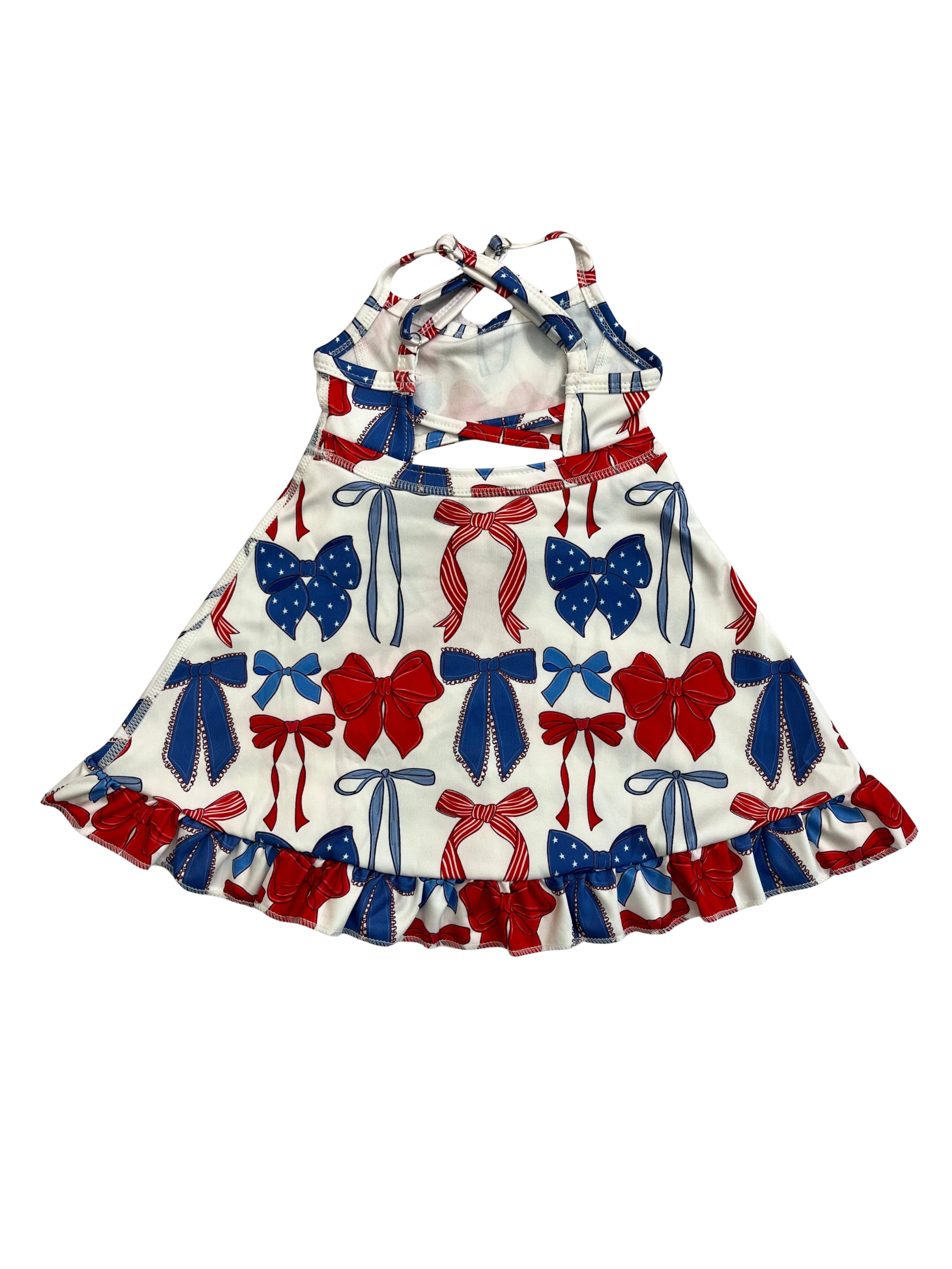 Girls Patriotic Bows Printed Athletic Dress with Ruffle & Shorts