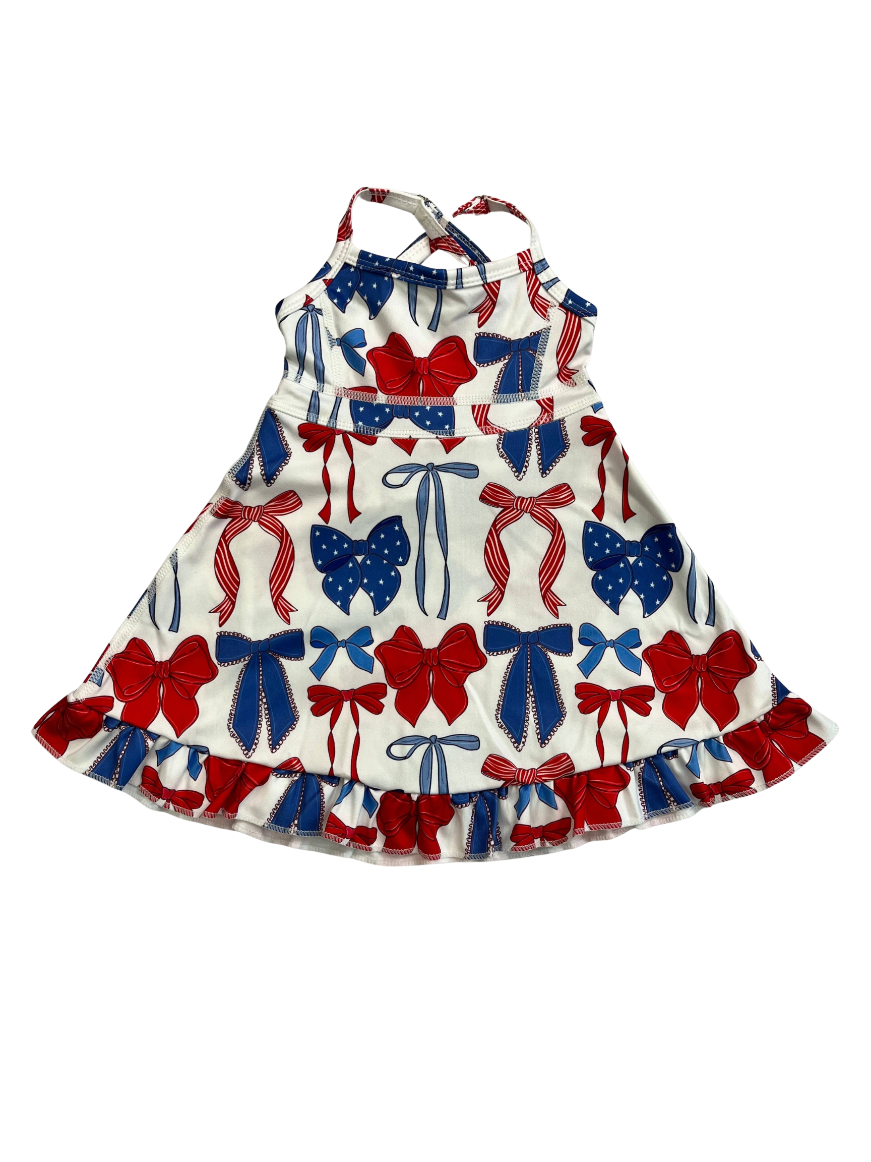 Girls Patriotic Bows Printed Athletic Dress with Ruffle & Shorts